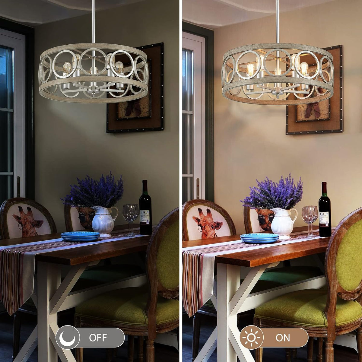 Dining Room Chandelier Over Table 22" Drum Modern Farmhouse Pendant Light Fixture for Living Room Kitchen Island Bedroom, Metal Rustic Round Brushed Nickel Wood Grain Finish Hanging 5-Light