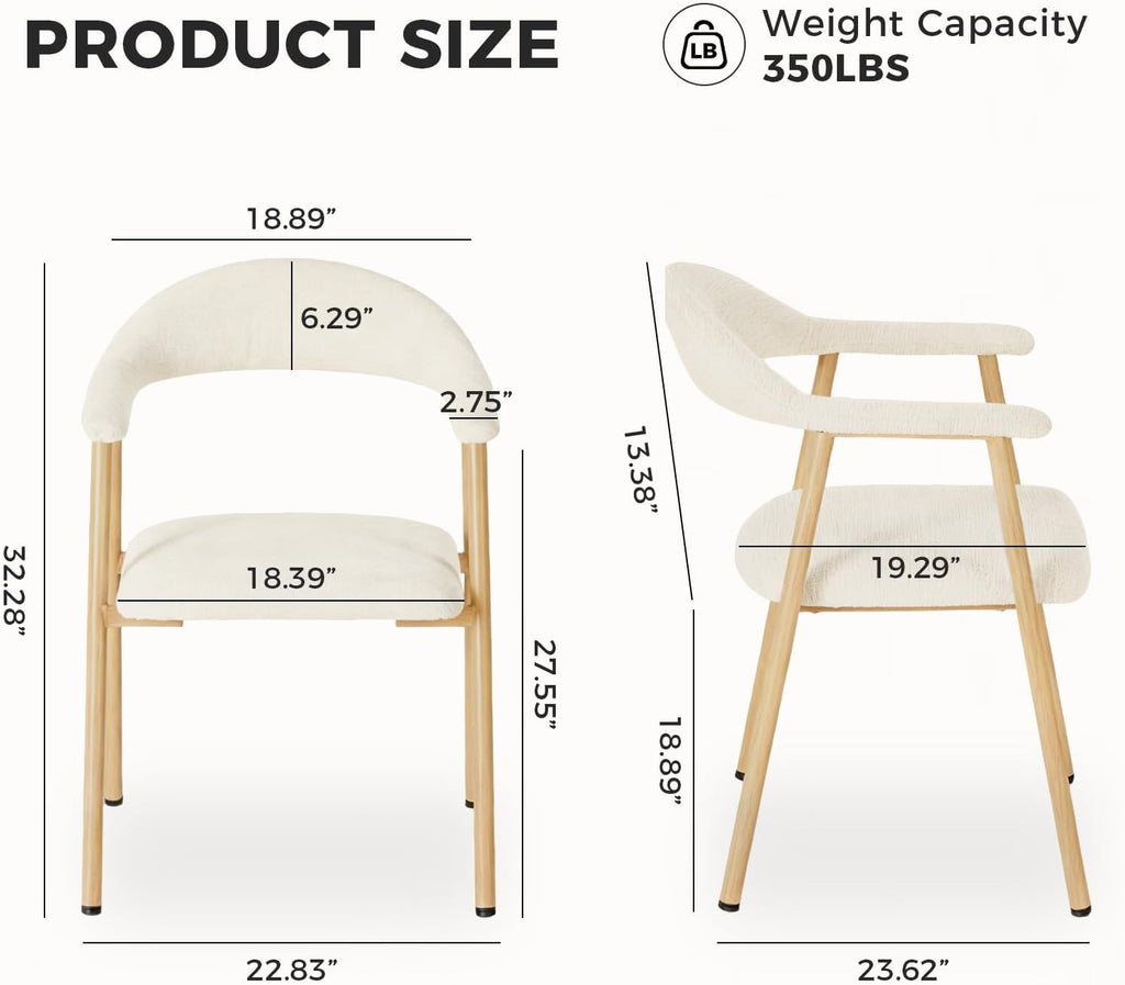 DUMOS Set of 2 Beige Linen Fabric Upholstered Dining Chairs, Modern Farmhouse Kitchen Side Chairs with Curved Backrest and Metal Legs, Accent Chairs for Dining Room, Restaurant, Cafe
