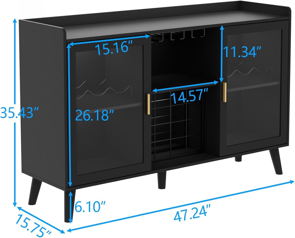 Loomie Wine Bar Cabinet with LED Light, Home Coffee Cabinet with Wine Rack and Glass Holder, Kitchen Buffet Sideboard W Storage Shelf, Freestanding Liquor Cabinet for Living Room, Dining Room (Black)