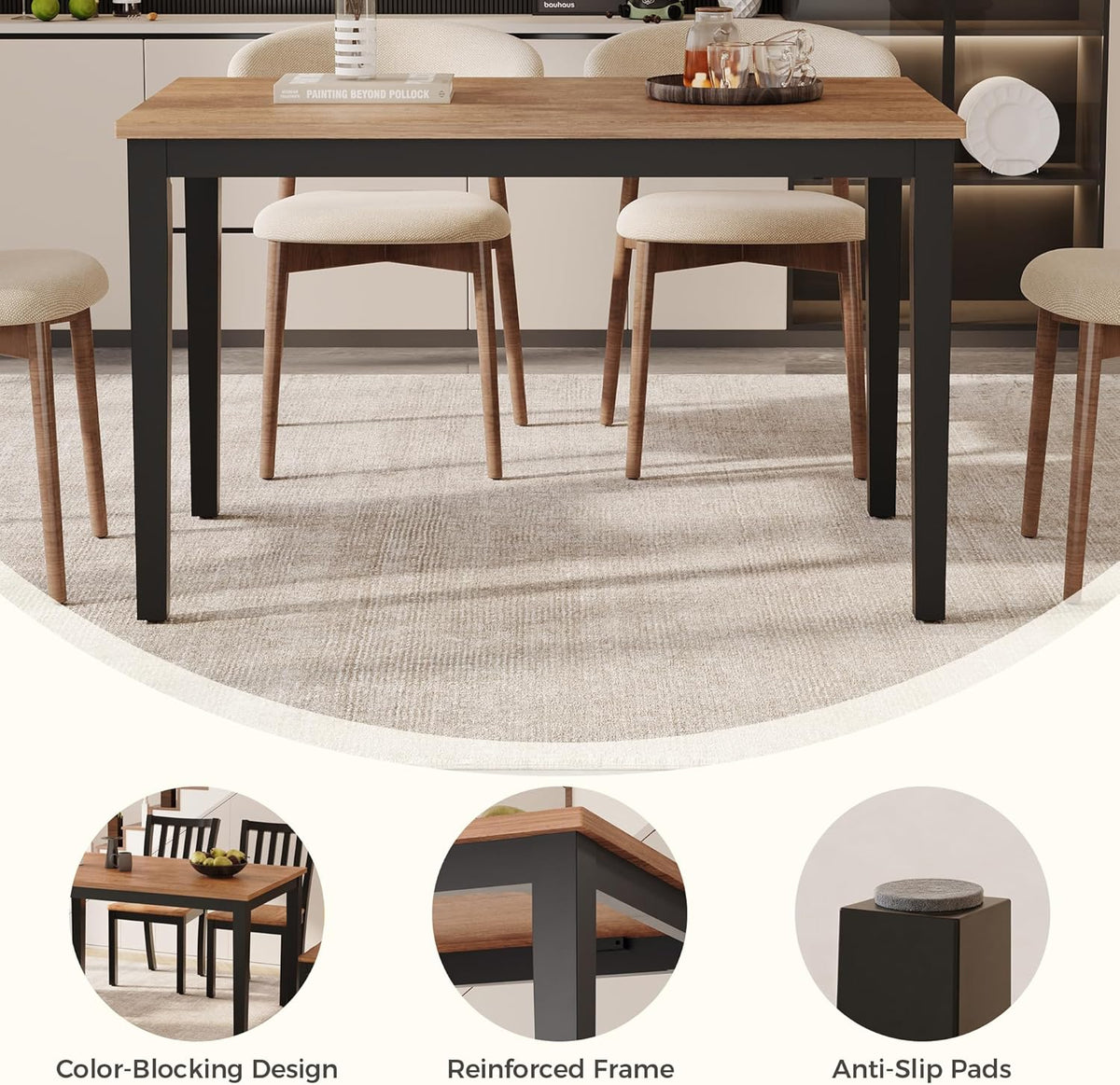 IRONCK Solid Wood Dining Table for 4, 45 Inch Rectangular Kitchen Table with Solid Wood Legs, Easy Assembly, Modern Dinner Table for Dining Room, Kitchen, Living Room (Only Table)