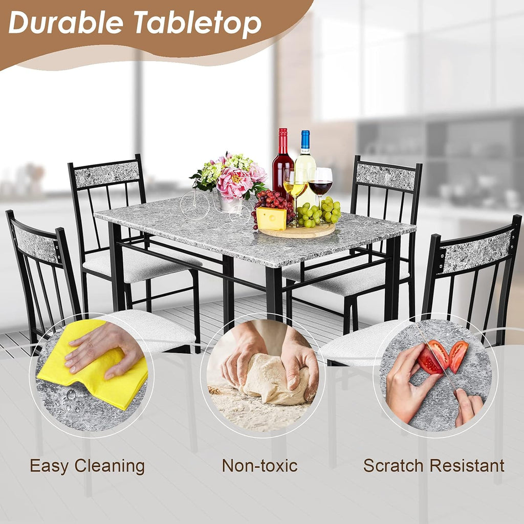 COSTWAY 5-Piece Kitchen Dining Set, Marble Dining Table Set with Sponge Cushion and Metal Structure, Modern Kitchen Table Set for Apartment, Restaurant and Cafe, Grey and Black