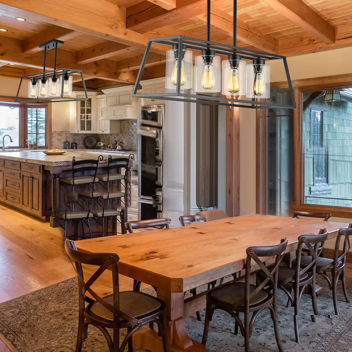 Black Farmhouse Chandeliers for Dining Room, Rustic Kitchen Island Light Fixture, 4-Lighting Linear Pendant Lamp Kitchen Island with Glass Shade  .Apply to Dining Room Light fixtures Over Table