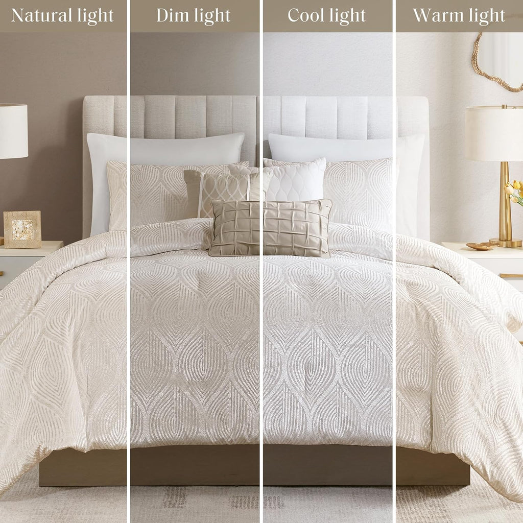 Madison Park 7-Piece Velvet Comforter Set, Jacquard Bedding Sets for All Season, Includes Comforter, Bed Skirt, Pillow Shams and Decorative Pillow, Queen/King/Cal King, Nocturne, Champagne | All Season