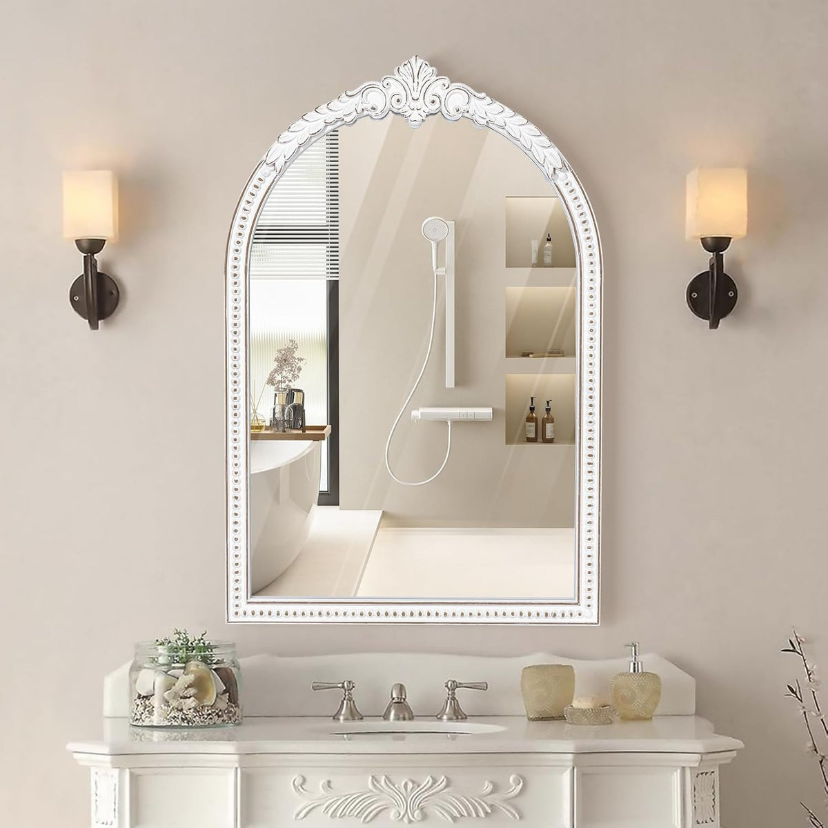 36x24 Inch Vintage Arch Wall Mirror, Antique White Baroque Ornate Wooden Mirror, Farmhouse Decorative Beaded Mirror for Over Fireplace Mantel, Living Room, Entryway, Bathroom