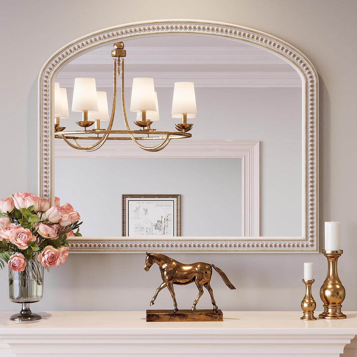 Boho Mirror for Wall, 36" x 30" Farmhouse Arched Rustic Wooden Frame Mirror with Beaded, Arch Decorative Wall Mirrors for Bathroom, Vanity, Living Room, Entryway