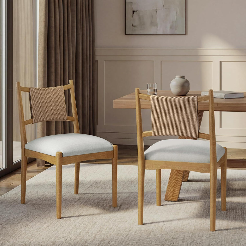 Christopher Knight Home Yudidi Mid Century Modern Dining Chairs Set of 2, Dining Room Chairs with Fabric Upholstery, Rubberwood Frame Kitchen Chairs with Paper Rope Backrest, Beige+Light Brown+Natural