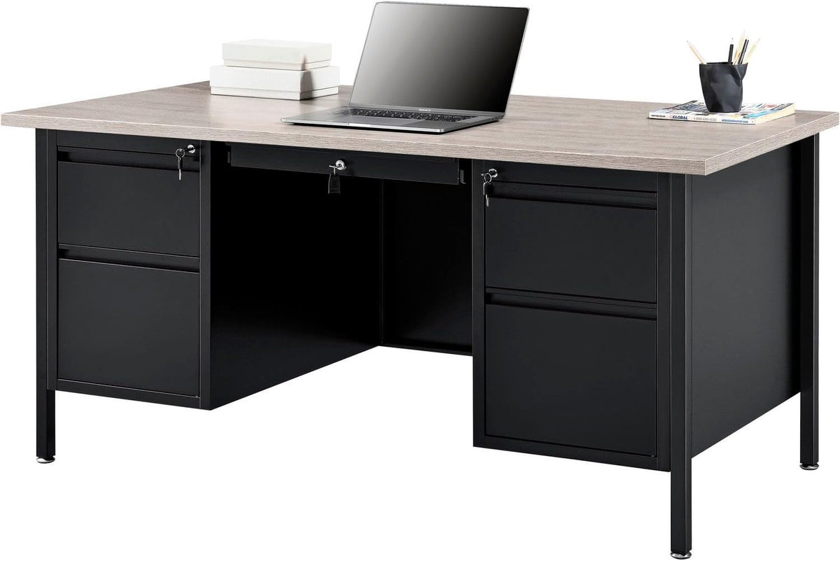 Global Industrial 60" W x 30" D x 30-1/2"H Steel Teacher's Desk, Gray Top with Black Frame, Double Pedestal Desk with Center Drawer, 4 Locking Box/Box Drawers