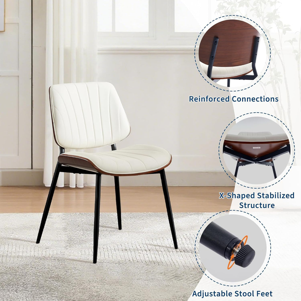 Garvee Dining Chairs Set of 4, Mid-Century Modern Upholstered Retro PU Leather Kitchen Chairs with Walnut Bentwood Back and Metal Legs Adjustable Feet for Kitchen Dining Room, White Shell Strips