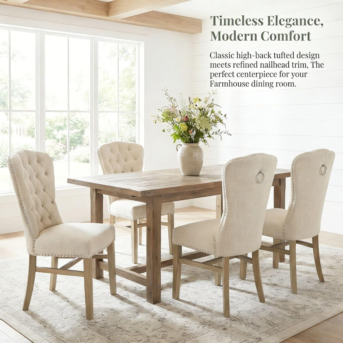 Tufted High Back Dining Chairs Set of 6, Linen Upholstered Farmhouse Kitchen Chairs, French Country Armless Wooden Side Chairs with Nailhead Trim for Dining/Kitchen/Living Room, Beige