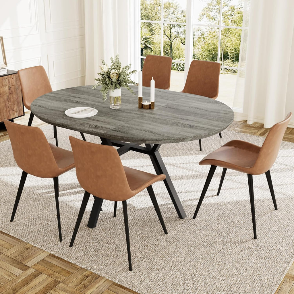 HIPIHOM Extendable Round Dining Table Set for 6 People, 43.3"-59.1" Extendable Kitchen Table with 6 Upholstered Chairs, Space Saving for Kitchen Dining Room (Grey Table+6 Brown Chairs)
