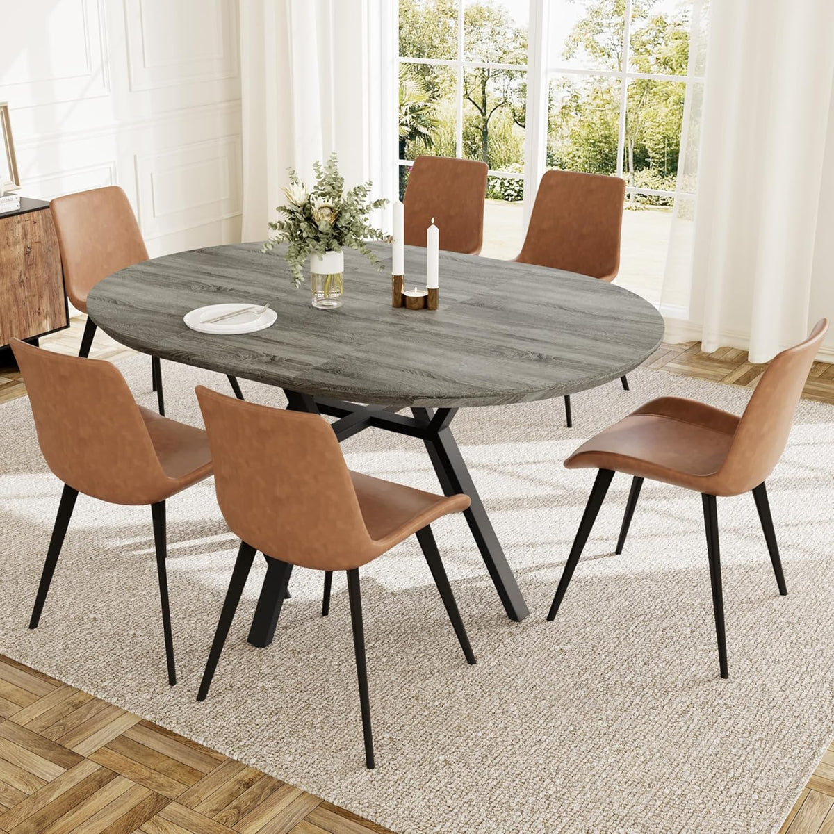 HIPIHOM Extendable Round Dining Table Set for 6 People, 43.3"-59.1" Extendable Kitchen Table with 6 Upholstered Chairs, Space Saving for Kitchen Dining Room (Grey Table+6 Brown Chairs)
