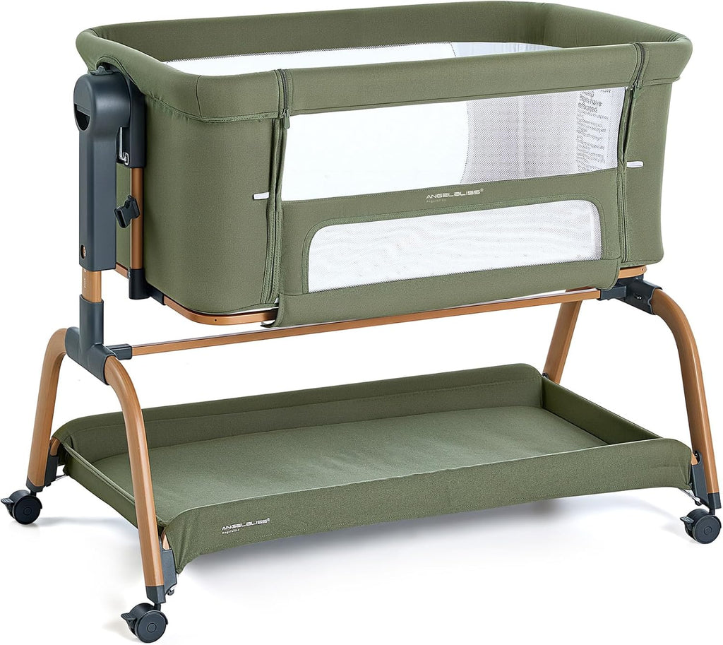 ANGELBLISS 3 in 1 Baby Bassinet, Rocking Bassinets Bedside Sleeper with Comfy Mattress and Wheels, 6 Height Adjustable Easy Folding Portable Bedside Crib for Newborn Infant (Green)
