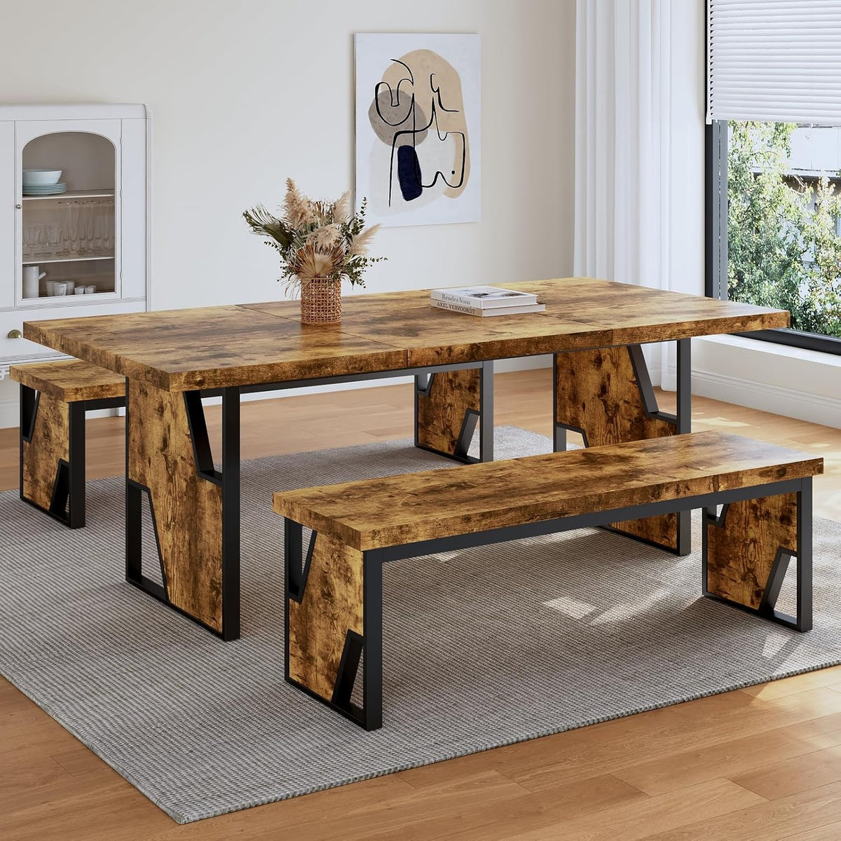 HIPIHOM 70.8" Wooden Dining Table with 2 Benches, Modern Kitchen Table and Chairs Set for 4-6 Person, Thickened MDF Wooden Table with Dining Bench for Living Dining Room, Kitchen, Office