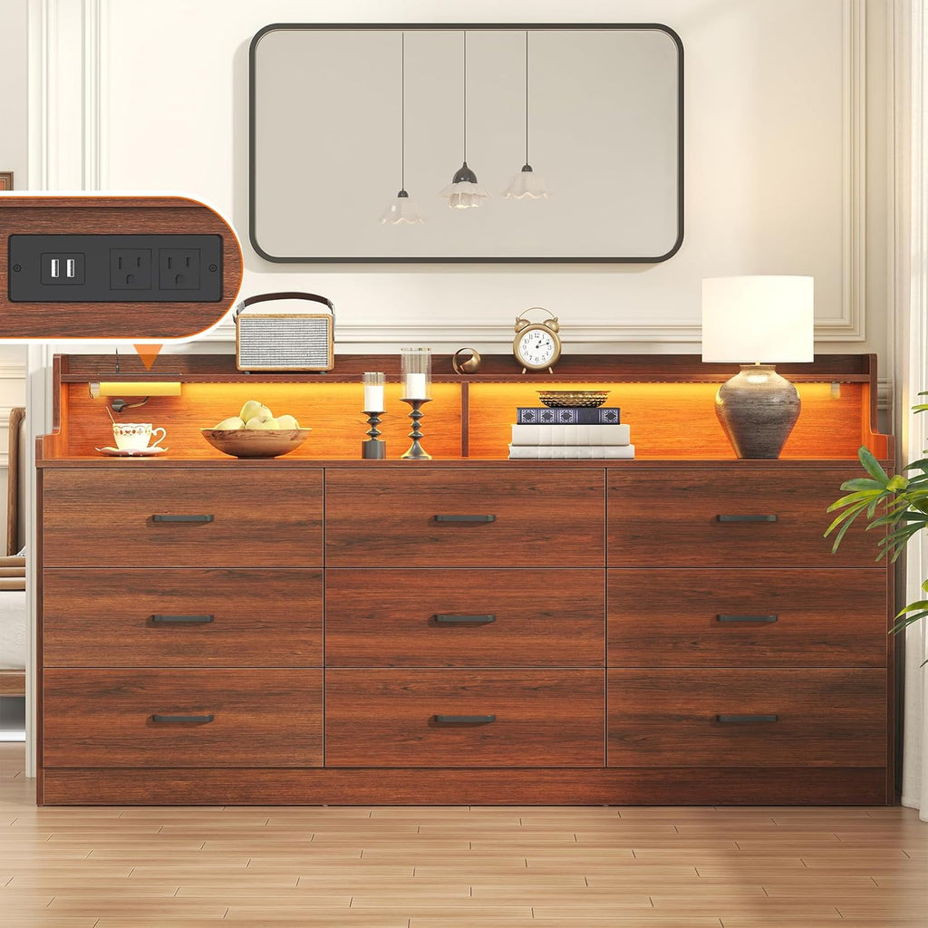 Bigbiglife 9 Drawer Dresser with Built in Power Outlet and LED Light, Modern Chest of Drawers for Bedroom, Triple Wide Drawer Organizer Cabinet for Living Room, Entryway, Hallway, Walnut Brown