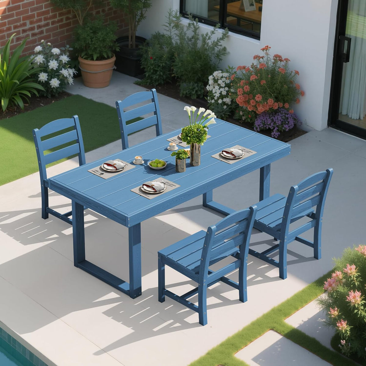 SERWALL HDPE Outdoor Dining Set for 4, 67'' All Weather Patio Dining Table and Armless Chairs Set for Deck, Lawn, Blue