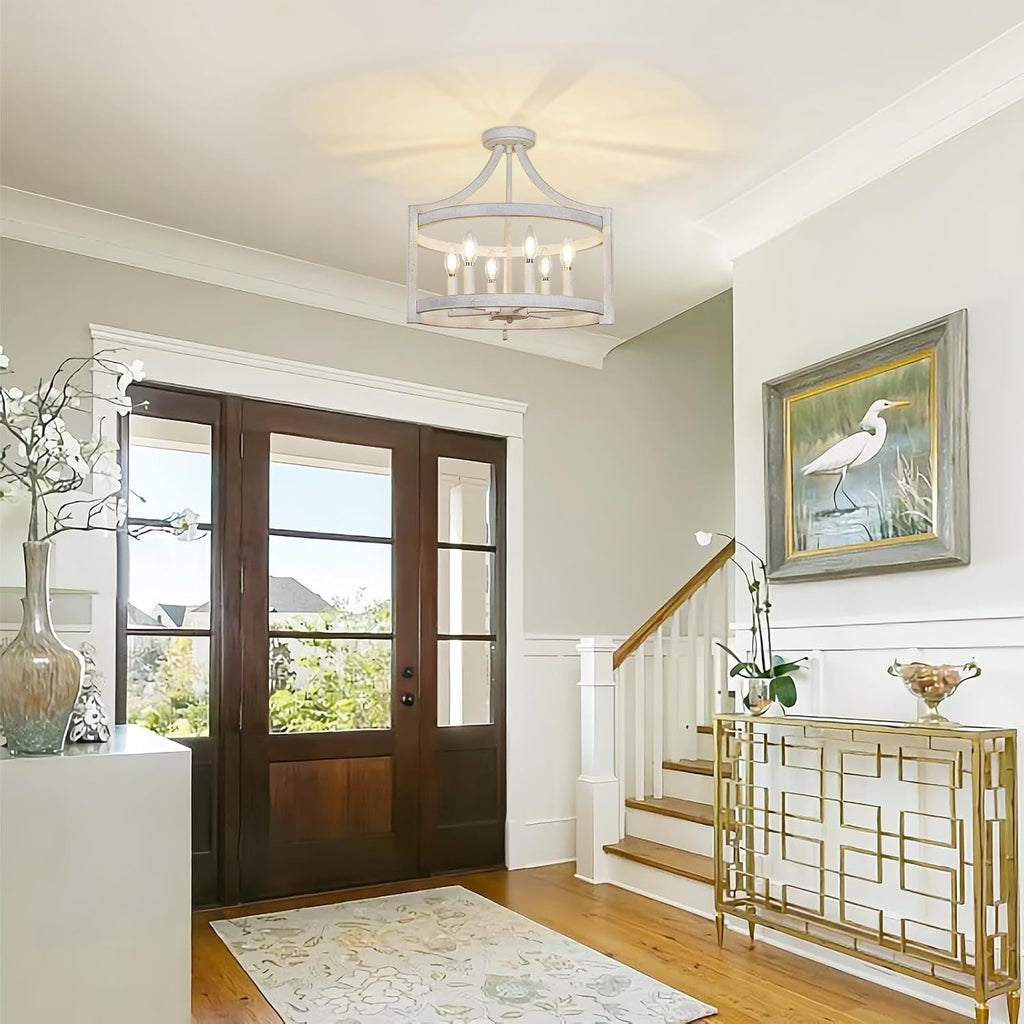 6-Light Farmhouse Chandelier, 19.3'' Vintage Chandeliers for Dining Room, Antique White Semi Flush Mount Ceiling Light, Rustic Metal Hanging Pendant Light Fixture for Entryway Foyer Hallway