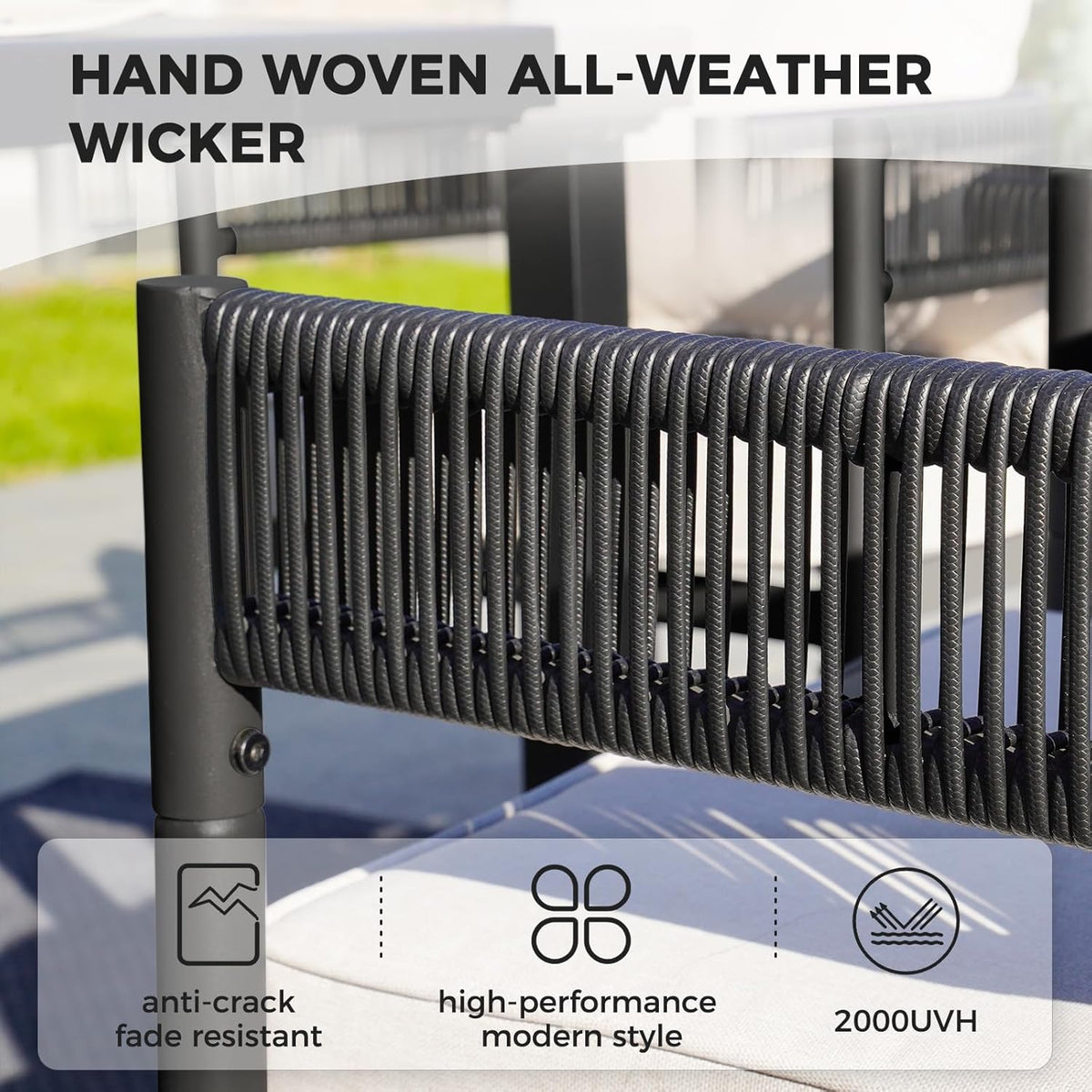 Grand patio 7-Piece Outdoor Dining Set for 6 with 1 Rectangle Expandable Table for 4-6 Person, Metal Woven Wicker Fixed Patio Chairs with Thickened Cushions for Yard, Poolside, Deck (Black)