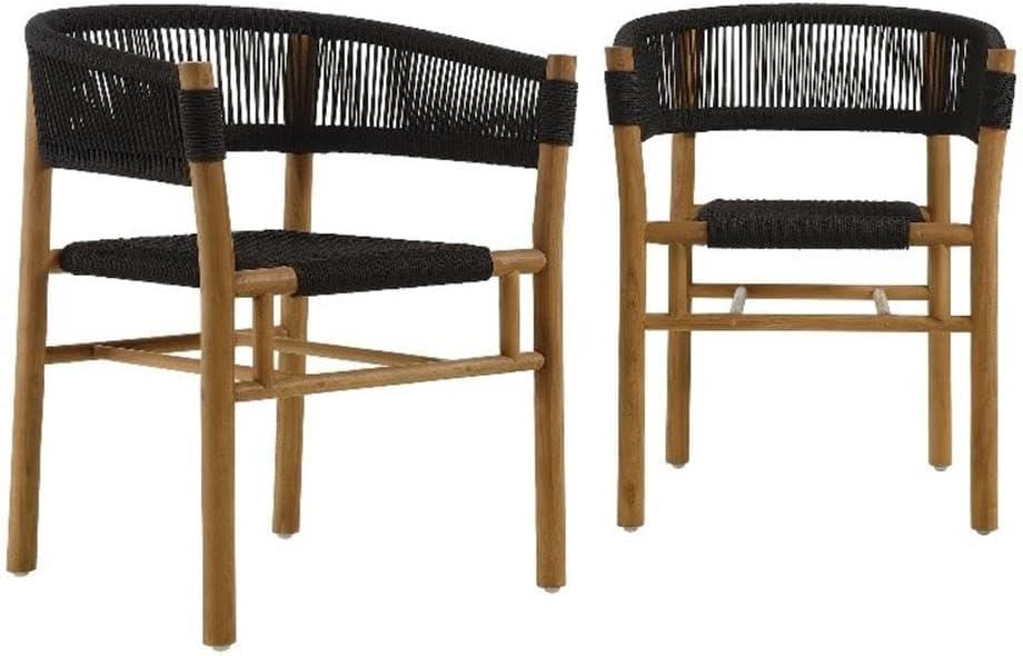 Modway Vienna Outdoor Patio Teak Wood Dining Armchairs with Curved Back Set of 2 in Natural Black – Weather-Resistant Woven Rope Patio Chairs – Stackable Outdoor Accent Chairs for Backyard, Garden