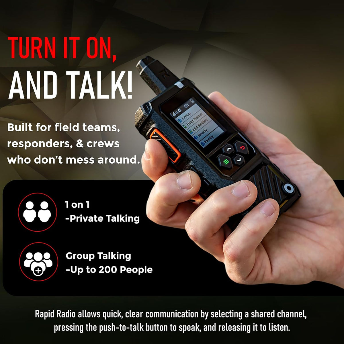 Rapid Radios RAD1– 2-Pack Waterproof Rugged LTE + Wi-Fi Rapid Radio – Nationwide Push-to-Talk Communication, IPX6 Weatherproof, Long Battery Life, Paging & Group Talk, No Monthly Fees