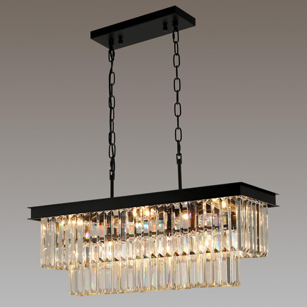 Weesalife Black Crystal Chandeliers for Dining Room Light Fixtures Over Table .9-Lights Modern Rectangle Chandeliers for Kitchen Island Bar L28 Inch