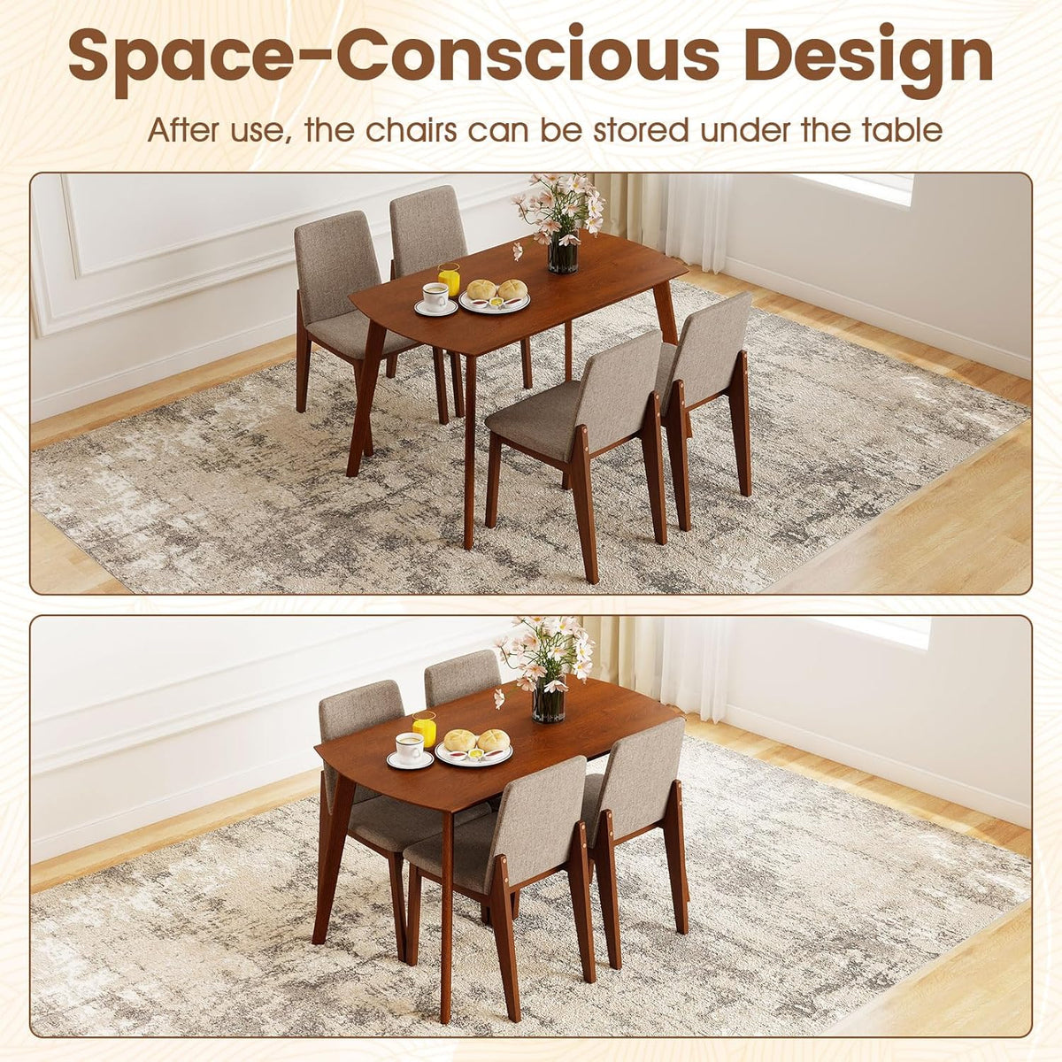 Giantex Dining Table Set for 4, Rectangular Kitchen Table and Chairs Set w/Rubber Wood Frame, Padded Seats & Backrests, Space-saving Dinette Set for Small Space, Apartment, Dining Room, Breakfast Nook