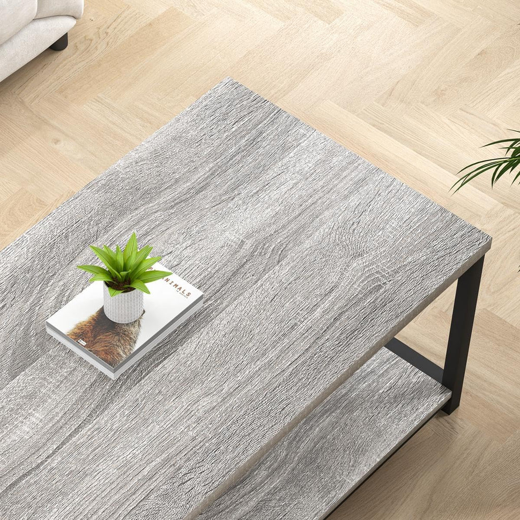 FOLUBAN Modern Coffee Table, Rustic Wood and Metal Center Table with Storage Shelf, Industrial Cocktail Table for Living Room, Light Grey, 39 Inch