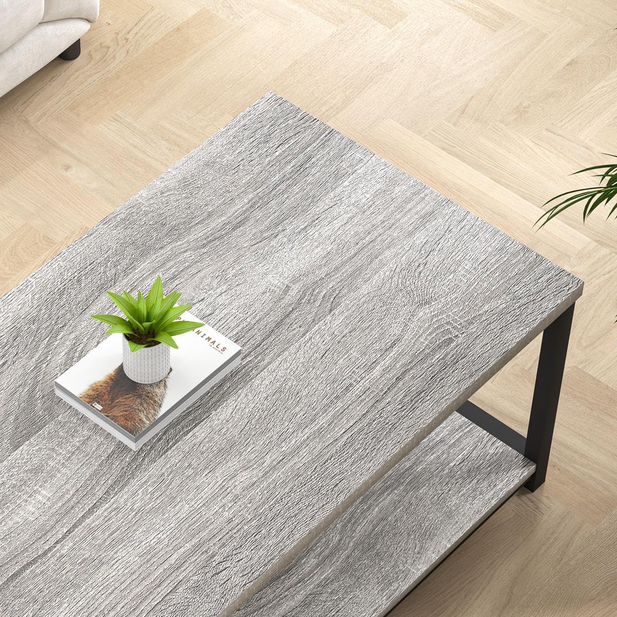 FOLUBAN Modern Coffee Table, Rustic Wood and Metal Center Table with Storage Shelf, Industrial Cocktail Table for Living Room, Light Grey, 39 Inch