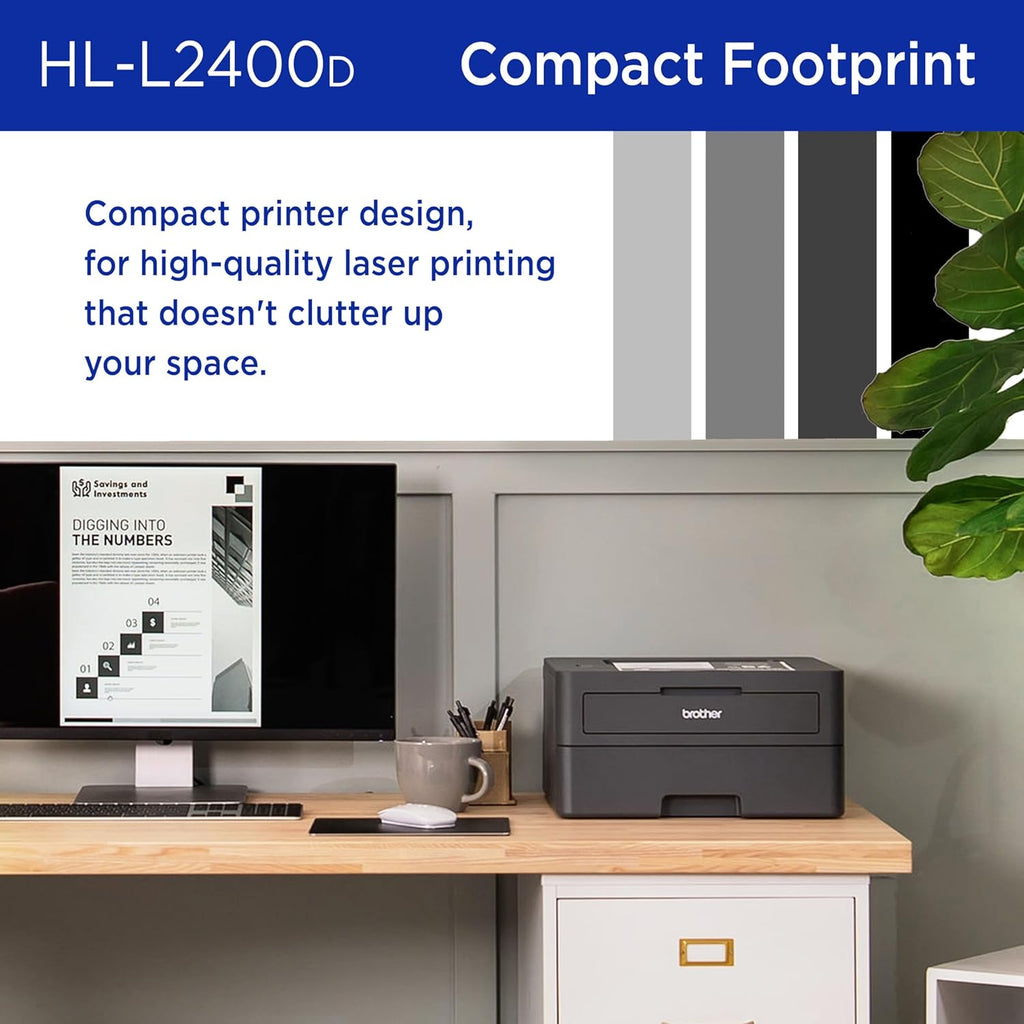 Brother Monochrome Laser Printer with 32 PPM Speed and Automatic 2-Sided Printing for Home Office, Fast Black and White Output, Compact Design with 250-Sheet Capacity (HL-L2400D)