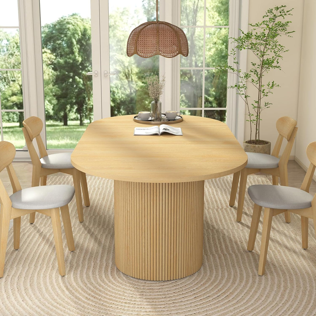 41 in-78 in Extendable Dining Room Table for 4-8, Round Expandable Kitchen Table with Fluted Base, Modern Farmhouse Oval Dinner Tables for Dining Room Kitchen Living Room (Natural)