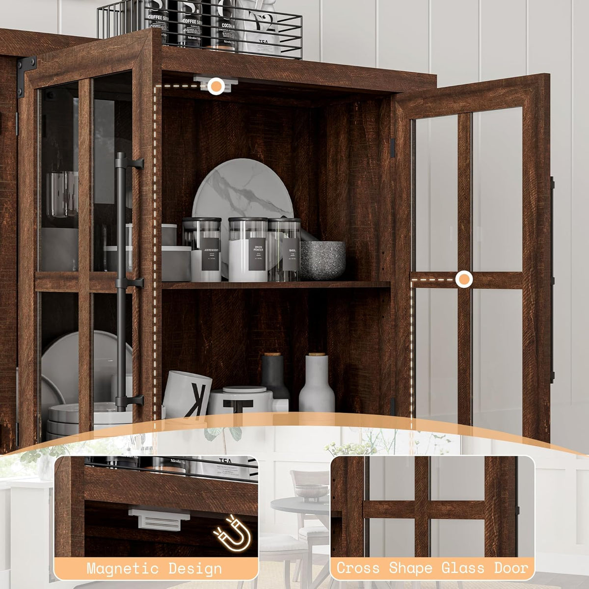 AMERLIFE Farmhouse 63" Buffet Sideboard Cabinet with Glass Door, Large Storage Cabinet with Adjustable Shelf, Wooden Coffee Bar Station for Kitchen, Dinning Room, Brown