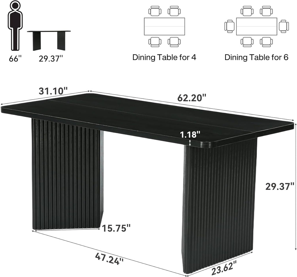 LITTLE TREE 63" Rectangle Dining Table, Modern Kitchen Table for 4-6 People, Large Dinner Table with Thick Sturdy Base for Kitchen, Dining Room (Black, MDF)