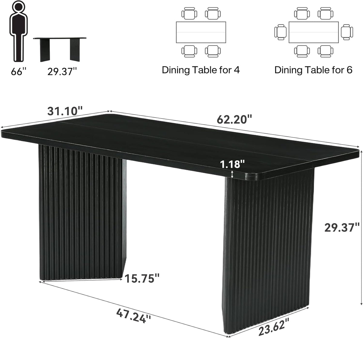 LITTLE TREE 63" Rectangle Dining Table, Modern Kitchen Table for 4-6 People, Large Dinner Table with Thick Sturdy Base for Kitchen, Dining Room (Black, MDF)