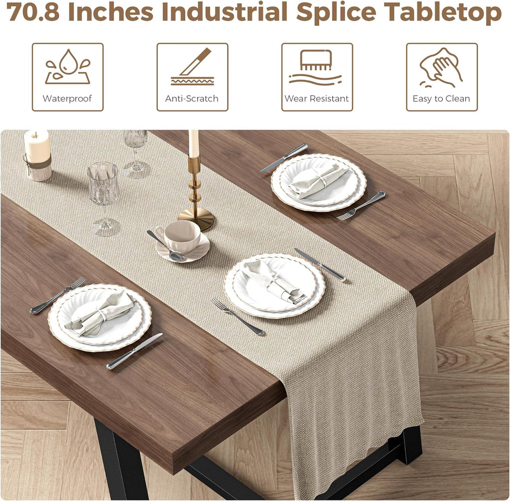 IRONCK 71" Dining Table for 6-8 People, Industrial Kitchen Table with Sturdy Metal Frame, Rectangular Brown Wood Dinner Table for Dining Room