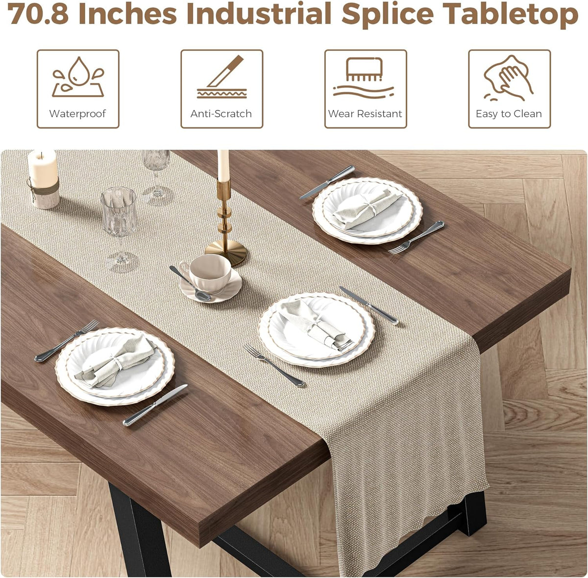 IRONCK 71" Dining Table for 6-8 People, Industrial Kitchen Table with Sturdy Metal Frame, Rectangular Brown Wood Dinner Table for Dining Room