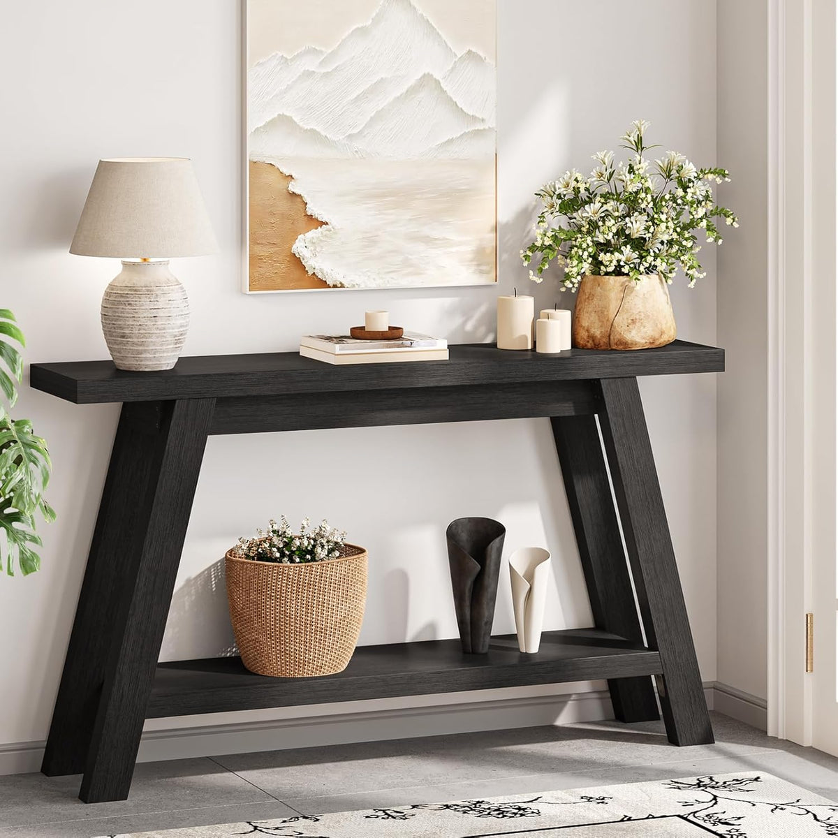 Black Console Table, 55Inch Entryway Console Tables 2-Tier Narrow Wood Console Table Behind Couch Sofa Tables for Living Room, Entryway, Hallway (Black)