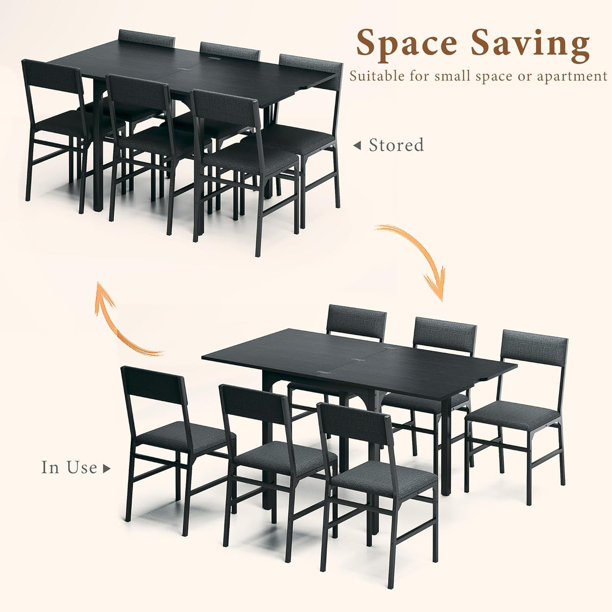 7-Piece Dining Table Set for 4-6, Extendable Kitchen Table Cushion Chairs Set of 6 with 6 Chairs, Rectangle Dining Table with Metal Frame & MDF Board, Folding for Small Apartment Saving Space, Black