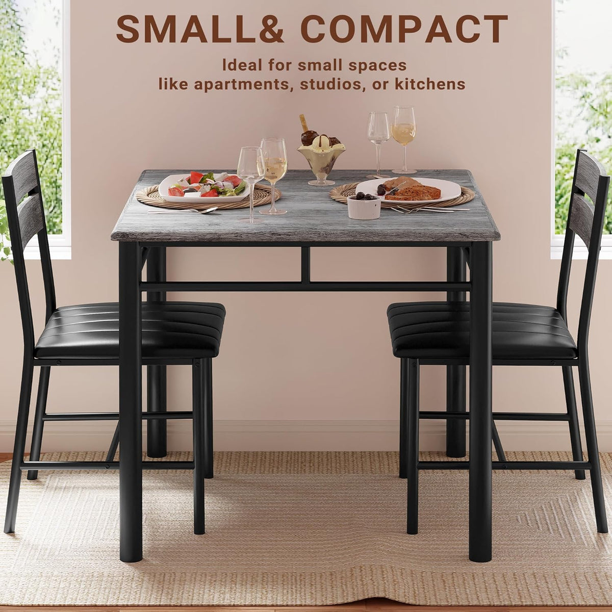 IRONCK Dining Table Set for 2, Small Kitchen Table with Upholstered Chairs for Kitchen & Dining Room, Compact Dining Set for Small Spaces, Gray