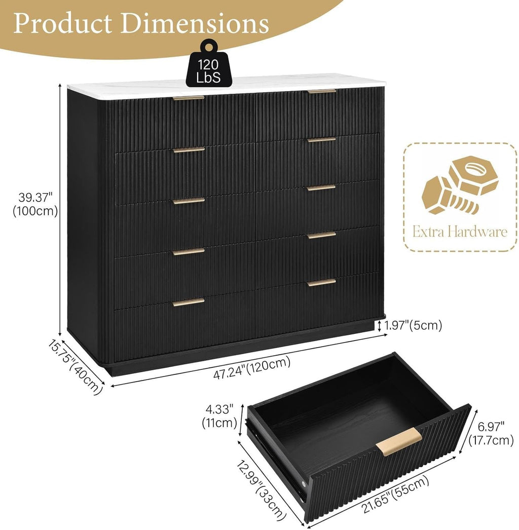 Fluted 10 Drawers Dresser for Bedroom, 47'' Wide Modern Chest of Drawers with Thickened Curved Profile Design, Wood Dressers TV Stand for Bedroom, Living Room, Hallway,Black