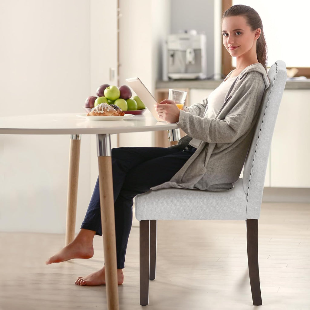 DUMOS Upholstered Dining Chairs Set of 6, Farmhouse Fabric Dining Room Kitchen Chair with Nailhead Trim and Wood Legs, Modern High Back Side Chairs for Living Room, Light Grey
