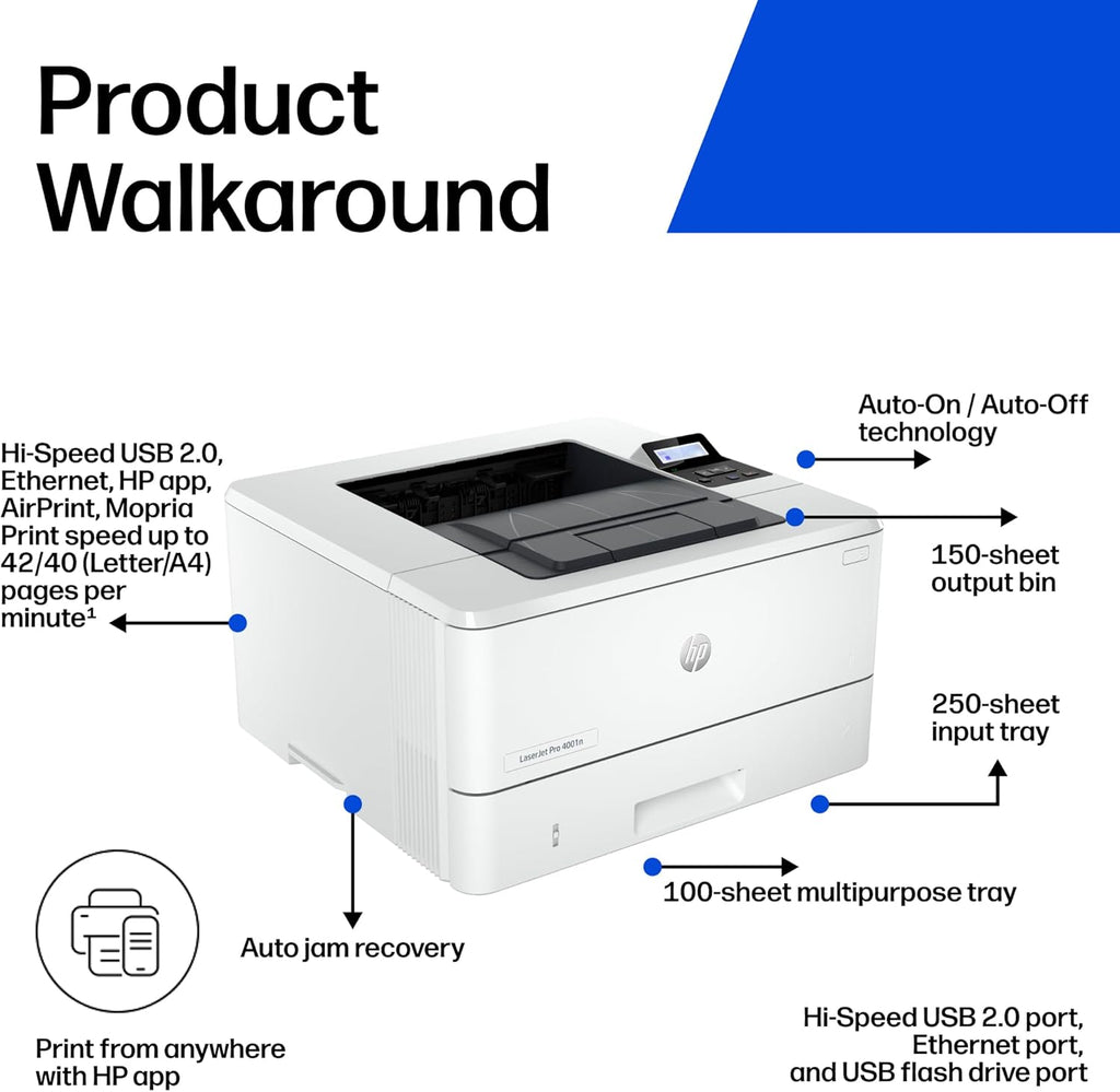 HP LaserJet Pro 4001n Black & White Printer, Print, Fast speeds, Easy Setup, Mobile Printing, Advanced Security, USB, Ethernet Connection, Best-for-Office