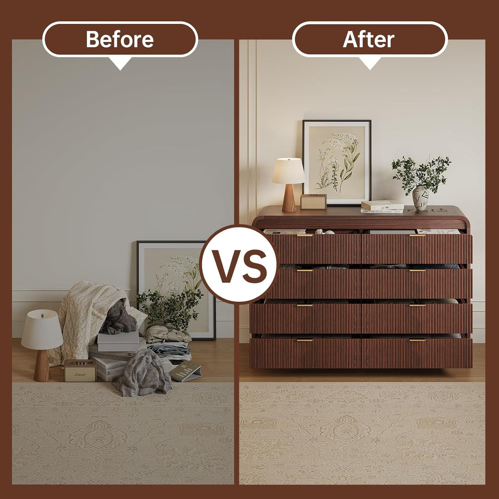 FURSUN Fluted 8 Drawers Dresser for Bedroom, 55" Wide Wooden Dresser with Metal Handle, Curved Profile Design, Modern Storage Organizer for Bedroom, Living Room, Hallway, Dark Walnut
