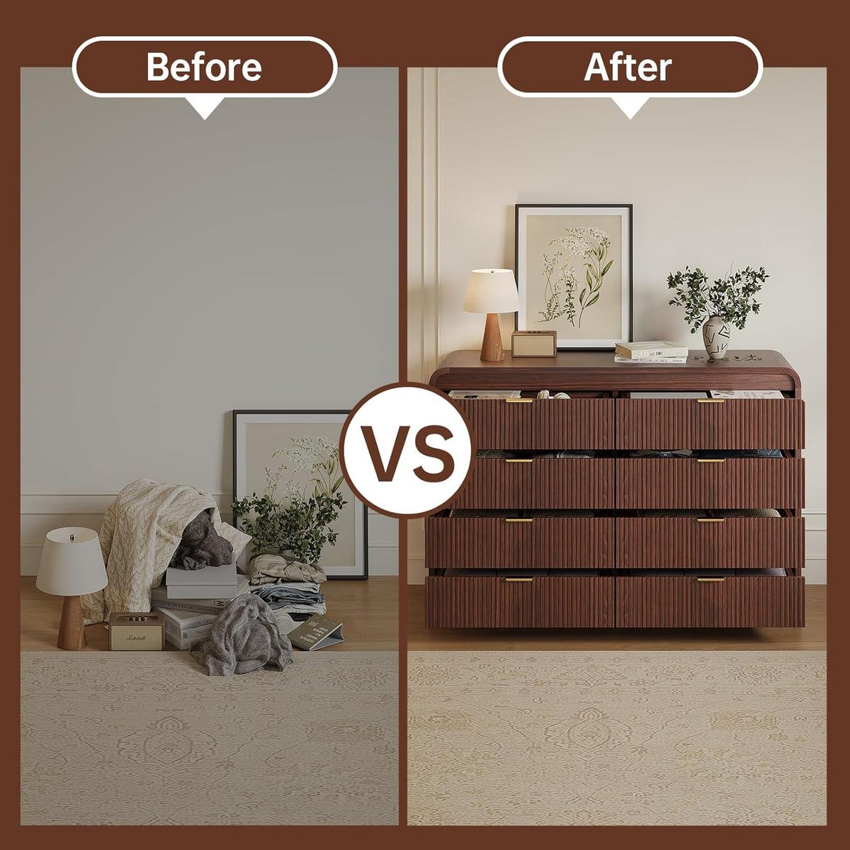 FURSUN Fluted 8 Drawers Dresser for Bedroom, 55" Wide Wooden Dresser with Metal Handle, Curved Profile Design, Modern Storage Organizer for Bedroom, Living Room, Hallway, Dark Walnut