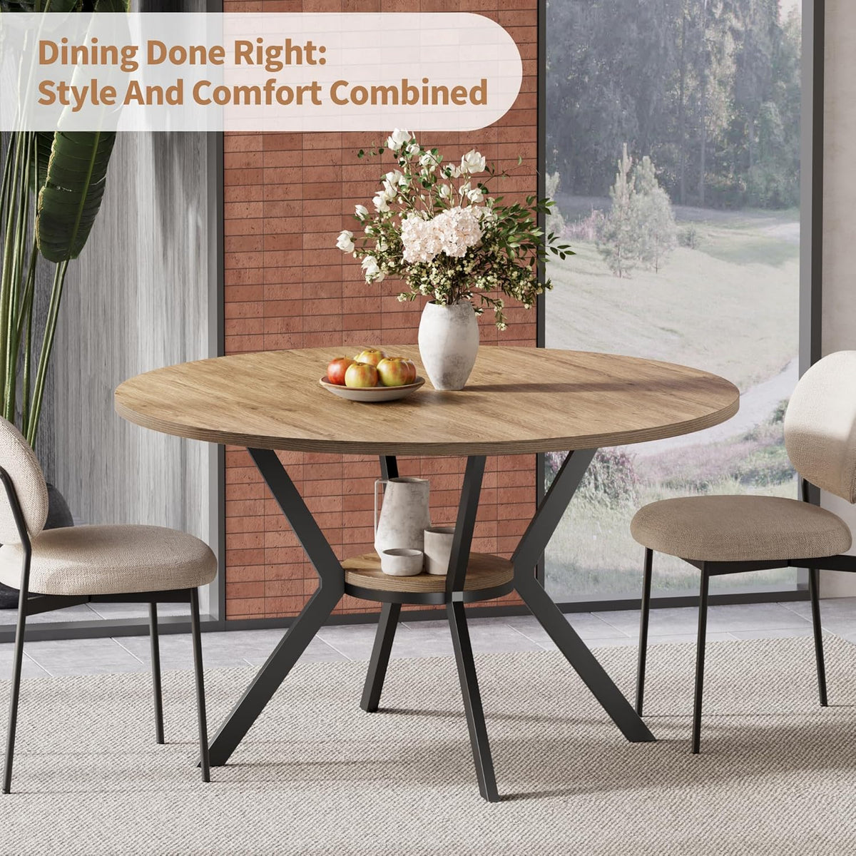 MECHYIN 42 Inch Round Dining Table for 2–4, Farmhouse Round Kitchen Table with Storage Shelf, Pedestal Dining Table, Wood Top & Metal Base, Small Space Table for Apartment, Dining Room