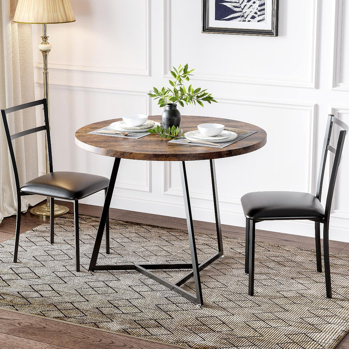 Garvee Dining Table Set for 2, Wooden Kitchen Table and Chairs of 2 with Upholstered Chairs, Round Kitchen Tables Set, 3 Piece Dining Room Table Sets for Small Space, Apartment, Rustic Brown
