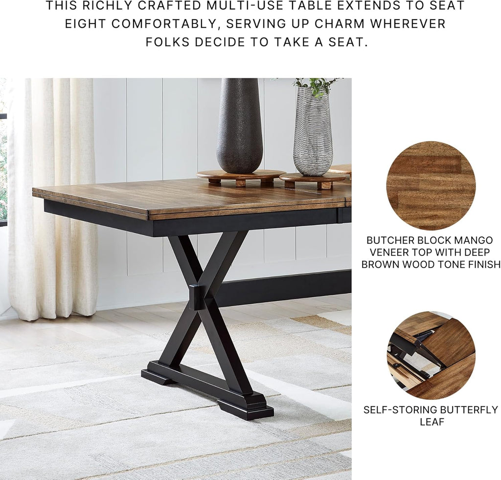 Signature Design by Ashley Wildenauer Dining Extension Table, Self-Storing Butterfly Leaf, Seats 8, Hardwood Solids, 40" W x 78" D x 30.13" H, Black & Dark Brown