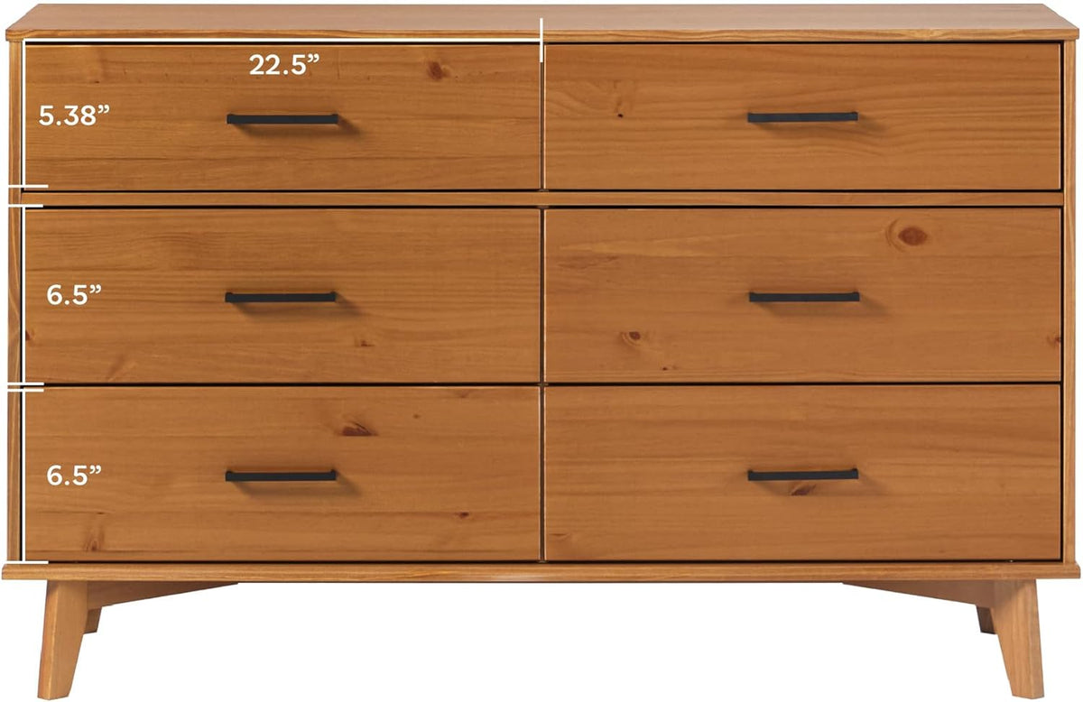 Walker Edison Sloane 6-Drawer Solid Wood Dresser with Metal Handles, 52 Inch, Caramel