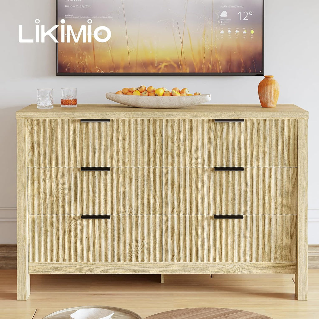 LIKIMIO Fluted 6 Drawers Dresser for Bedroom, 47" Wide Modern Chest of Drawers with Metal Handle, Wooden Dresser Storage Organizer for Living Room, Entryway, Hallway, Natural Oak