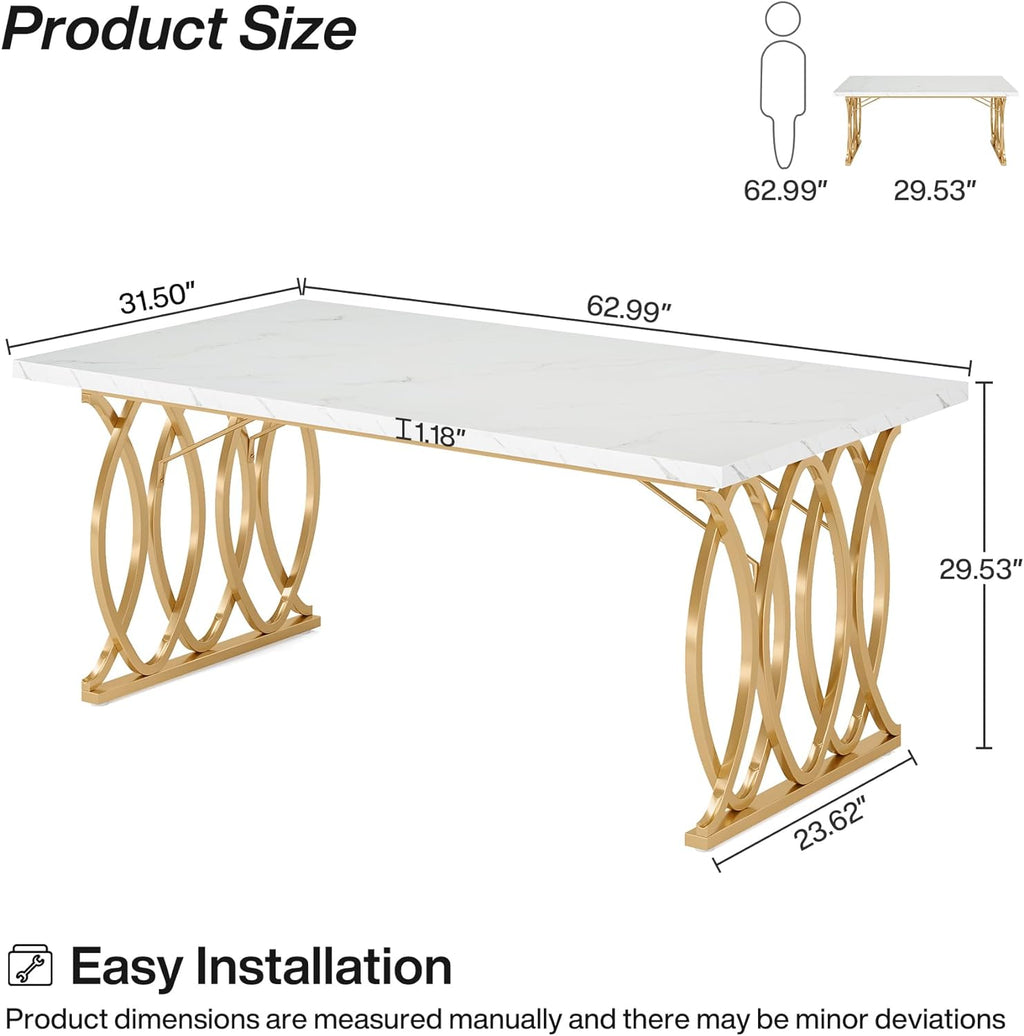 Tribesigns Modern Dining Table, 63" Large Kitchen Table for 4-6 People, Unique Rectangular Dinner Table Kitchen & Dining Room Furniture with Faux Marble Tabletop and Geometric Legs