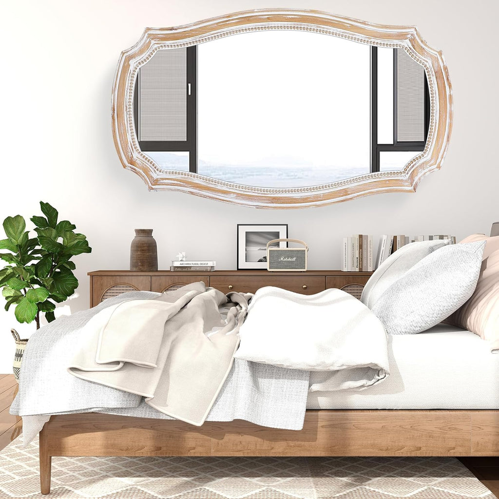 HOITUZYUS 36x24 Inches Rustic Scalloped Wall Mirror, Baroque Curved with Beaded, Distressed Wooden Decorative Mirros for Bathroom, Living Room, Bedroom, Entryway - Horizontal or Vertical