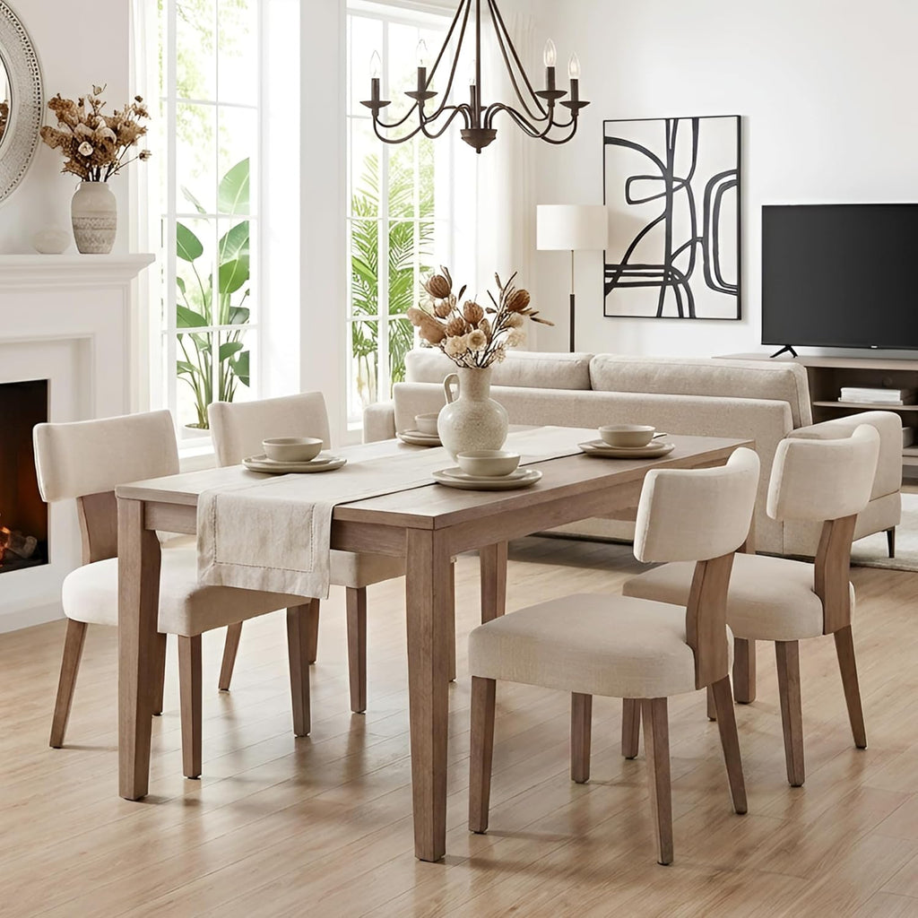 HNY Mid Century Modern Dining Chairs Set of 4, Farmhouse Linen Fabric Upholstered Accent Curved Backrest Kitchen Chairs, with Hardwood Frame, Beige